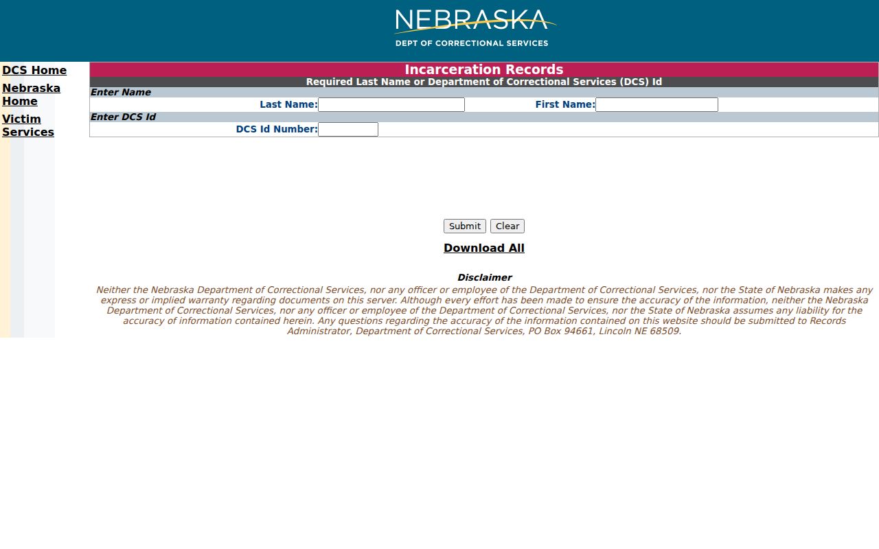 Nebraska arrest custody and NDCS incarceration search
