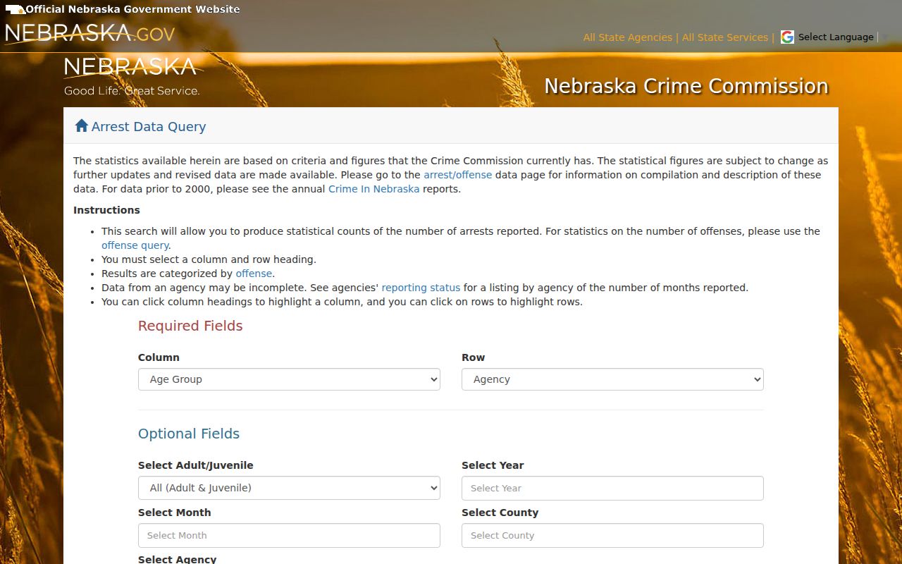 Nebraska arrest records statistical data query