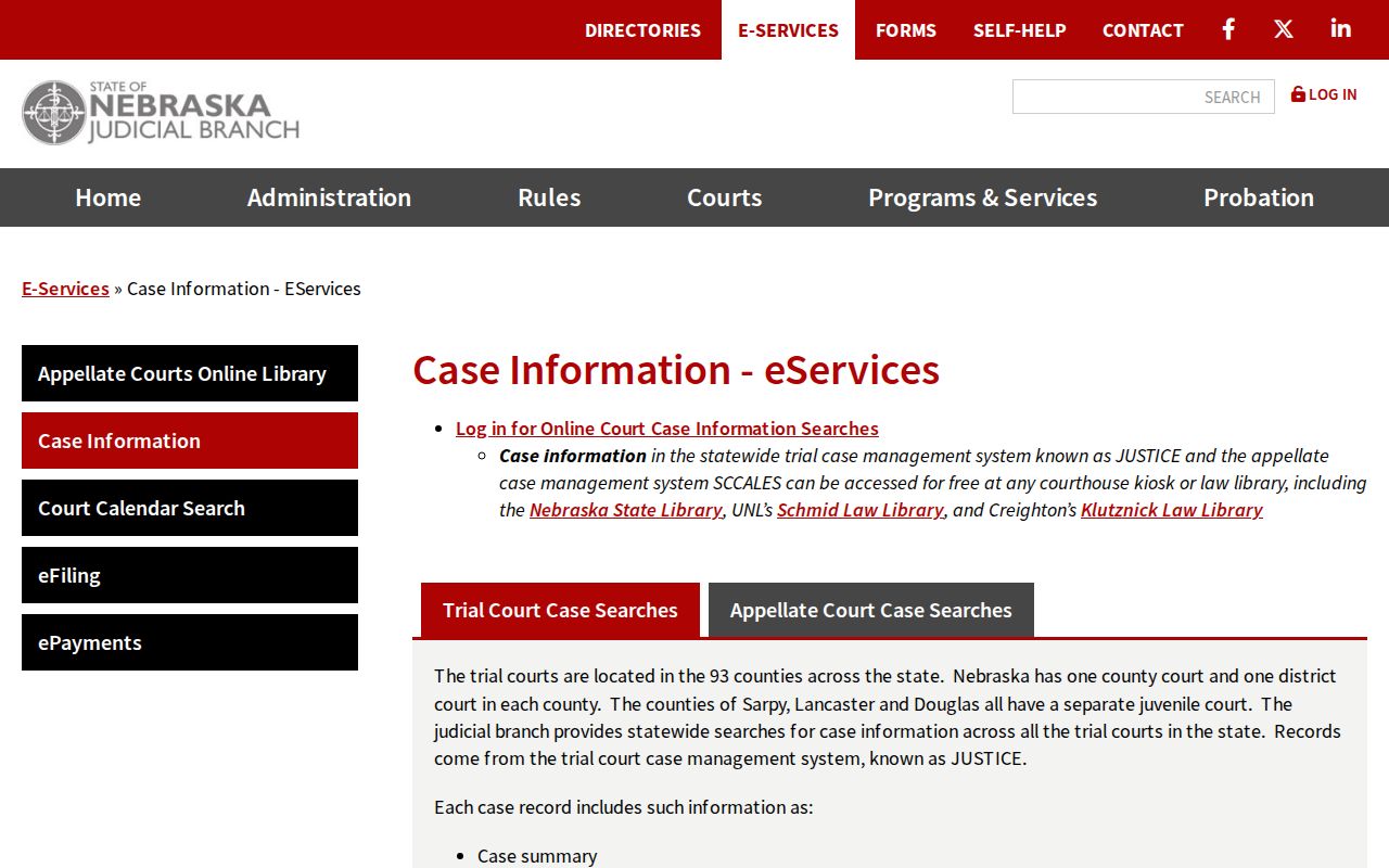 Nebraska court case records JUSTICE access options