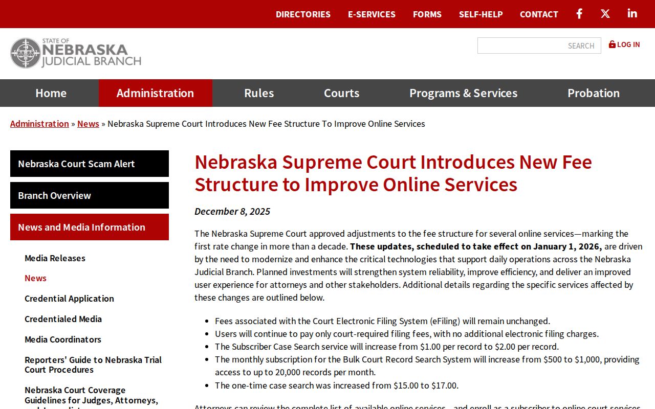 Nebraska court case JUSTICE fee changes