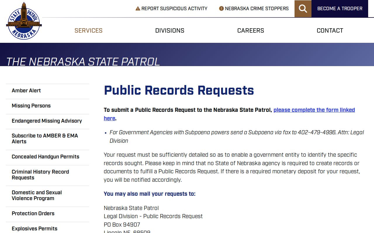 Nebraska State Patrol public records request channel
