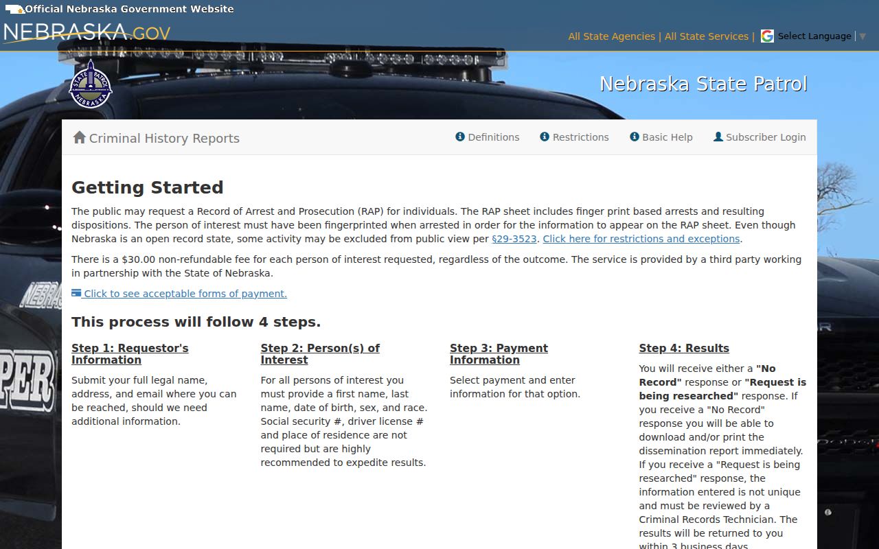 Nebraska criminal history PCH request interface