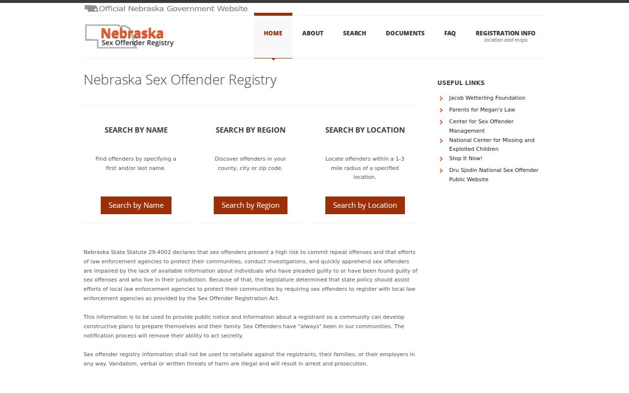 Nebraska sex offender lookup registry landing page