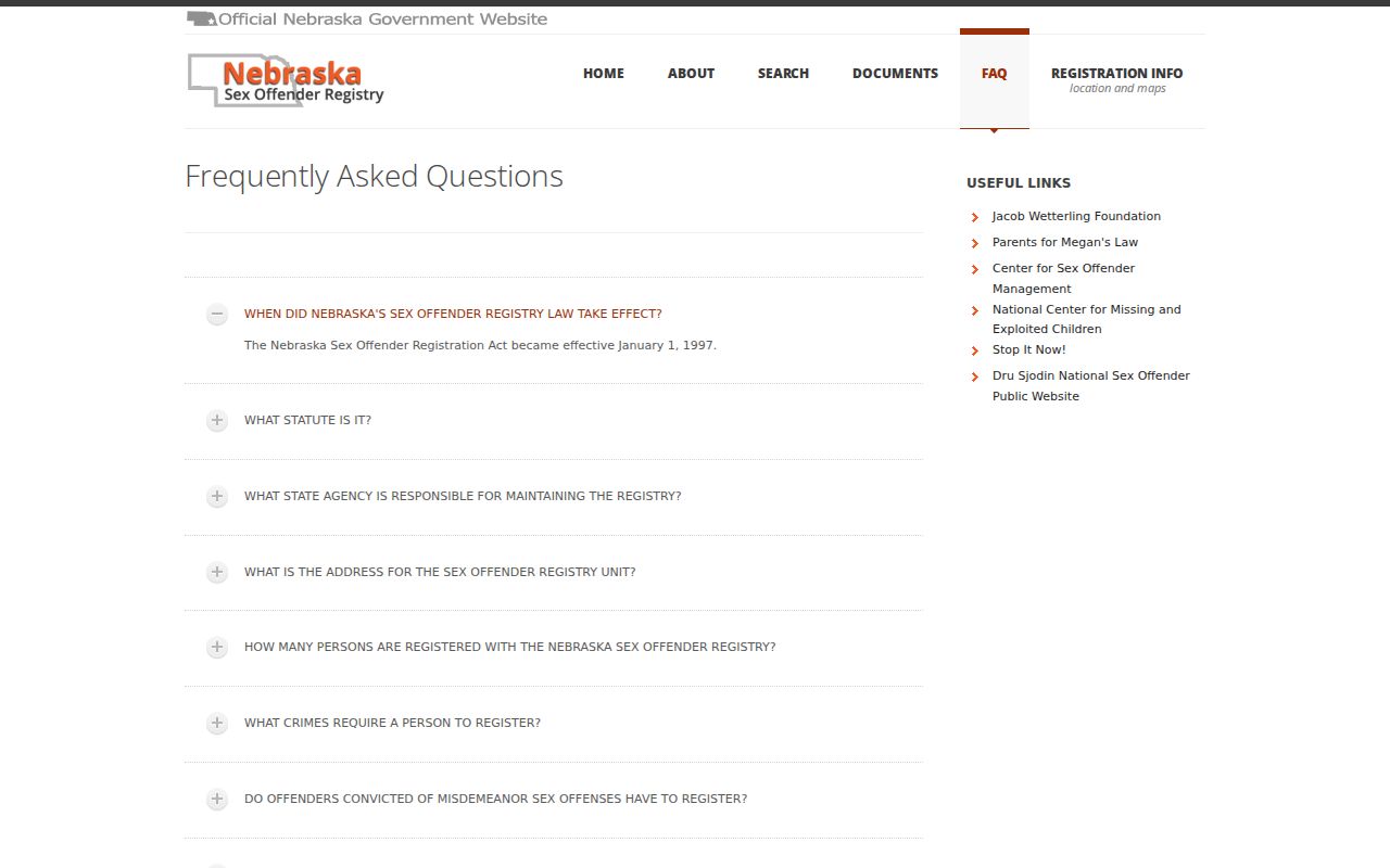 Nebraska sex offender registry official FAQ and address guidance