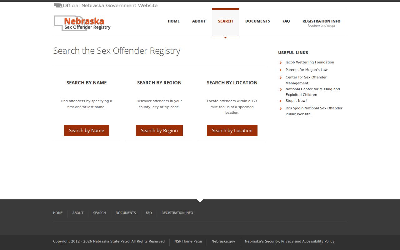 Nebraska sex offender registry public profile interface