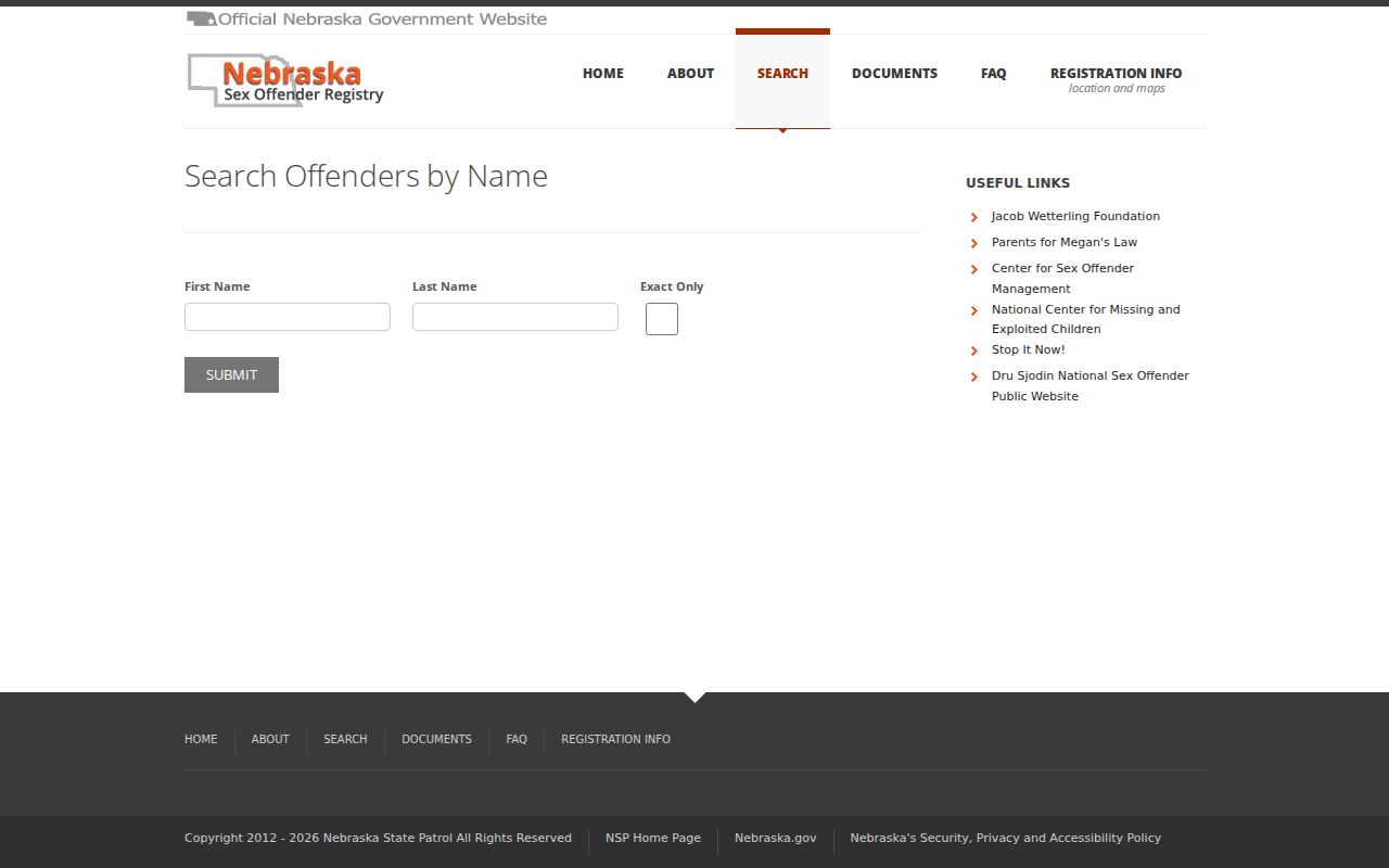 Nebraska sex offender registry name search fields